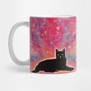 Never underestimate the power of a black cat. Black cat on an abstract background Mug